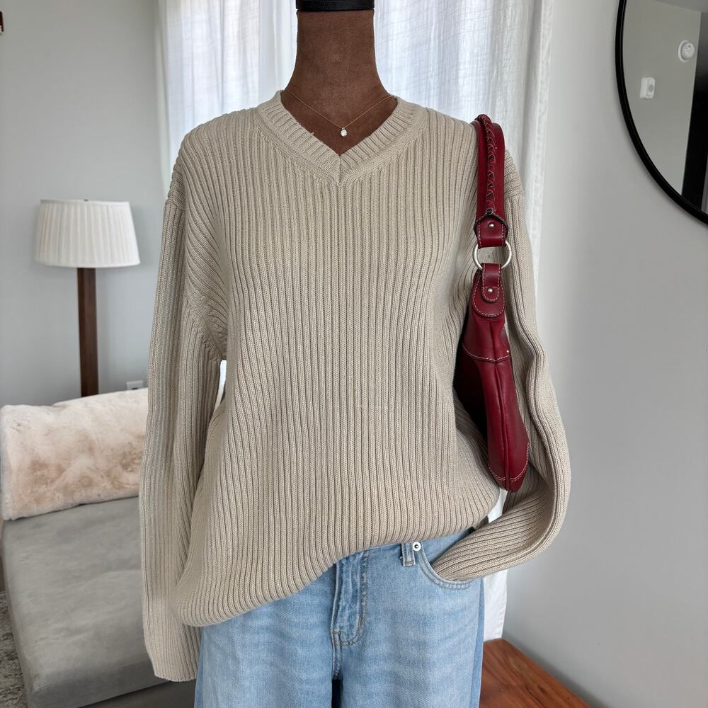 Vintage Structure Cream Ribbed Knit Sweater V Neck Long‎ Sleeve 100% Cotton XL